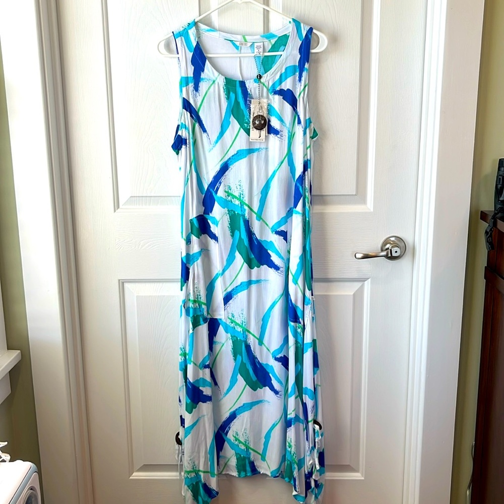 Kaktus artsy beachy summer blue print side tie pull on midi dress with pockets